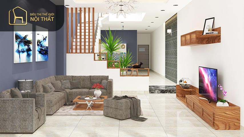 Mẫu phòng khách đẹp có cầu thang có tính thẩm mỹ cao đồng thời là yếu tố phong thủy đem đến may mắn cho gia đình