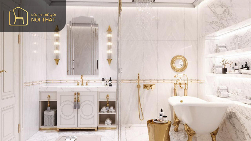 Mẫu nhà vệ sinh đẹp theo phong cách tân cổ điển phù hợp với những căn biệt thự và villa có diện tích rộng
