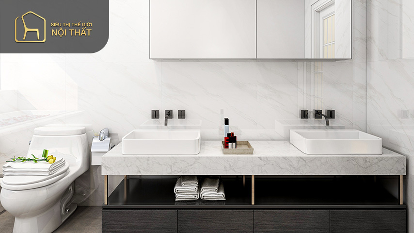 Nhà vệ sinh rộng 20m2 khi thiết kế nên chọn tone màu trắng kết hợp với xám để tạo không gian rộng rãi thoải mái