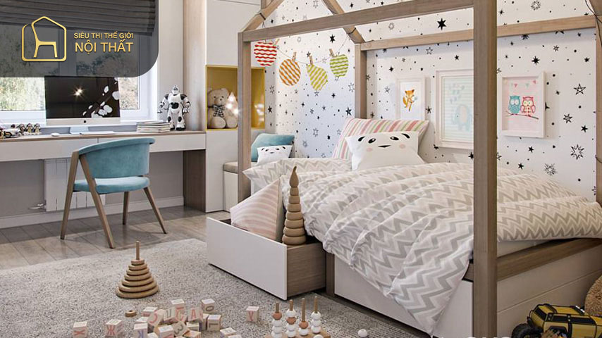 Thiết kế phòng ngủ trên 20m2 nên kết hợp khu vực giải trí cho trẻ
