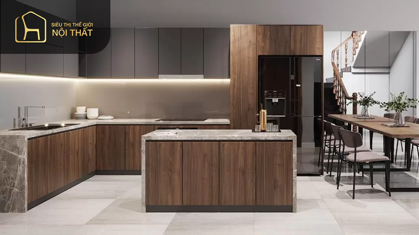 Phòng bếp và phòng ăn của căn hộ 70m2 3 phòng ngủ được liên thông mở với phòng khách, nhằm tạo sự liên kết liền mạch giữa các không gian riêng tư