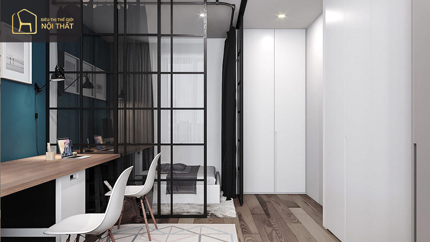 Thiết kế nội thất căn hộ chung cư 45m2 theo phong cách sang trọng với việc kết hợp ô cửa kính lớn giúp đón ánh sáng tự nhiên làm cho ngôi nhà trở nên thoáng đãng thoải mái hơn