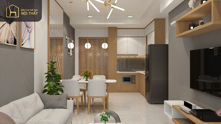 Thiết kế nội thất căn hộ 45m2 cho gia đình trẻ nên chọn tone màu sáng, liên thông phòng bếp phòng ăn với phòng khách để tiết kiệm diện tích