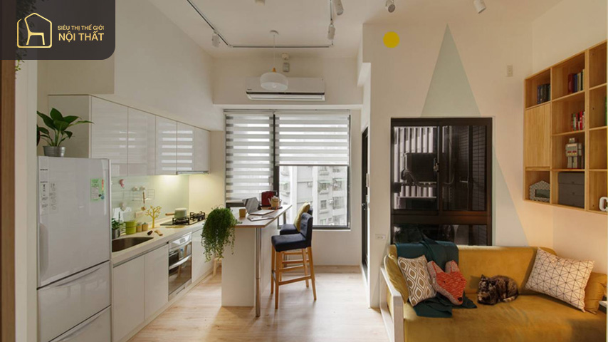 Thiết kế nội thất chung cư 45m2 liên thông bếp giúp tiết kiệm diện tích phù hợp với những căn hộ có diện tích hẹp