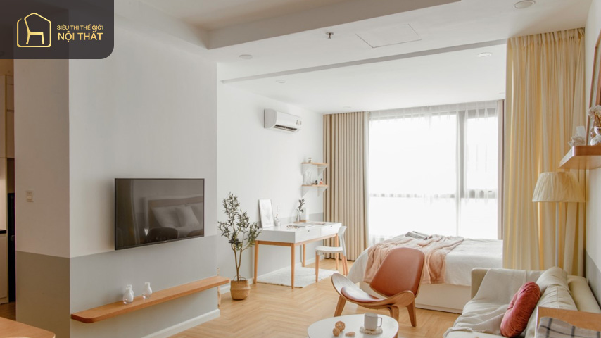 Gram màu sáng khi thiết kế nội thất căn hộ 45m2 giúp cho căn hộ trở nên rộng rãi thoáng mát hơn