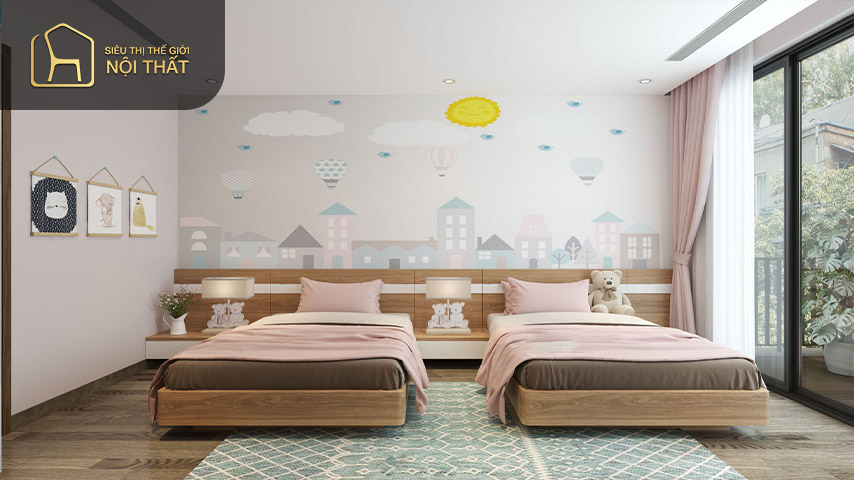Thiết kế phòng ngủ 2 giường đôi đem lại sự đối xứng hài hòa cho căn phòng