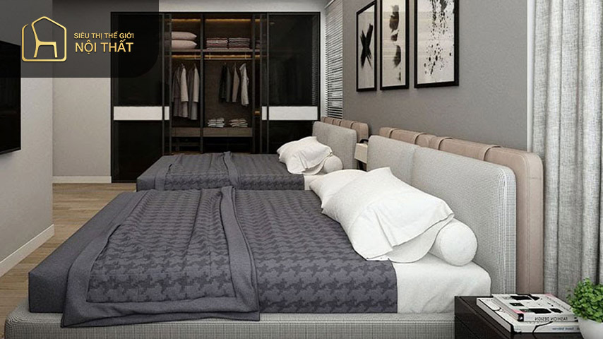 Thiết kế phòng ngủ 2 giường đơn cho người lớn và trẻ em cần đảm bảo sự hài hòa để tăng tính thẩm mỹ cho căn phòng