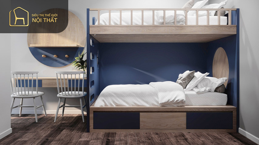 Bố trí 2 giường tầng giúp tiết kiệm tối đa diện tích tuy nhiên cần chú ý đến chiều cao của phòng ngủ sao cho phù hợp để tránh sự bí bách cho người dùng