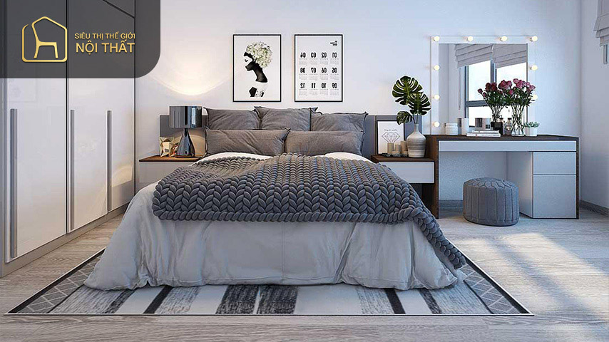 Thiết kế phòng ngủ 30m2 cho vợ chồng với việc sử dụng tone màu trắng chủ đạo kết hợp các nội thất hợp lý đem đến không gian sang trọng đẹp mắt