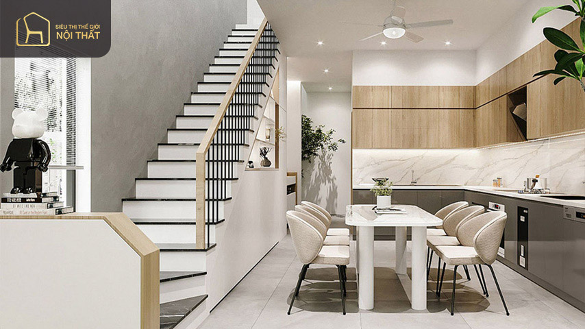Thiết kế cầu thang dọc nhà ống 5m thông minh