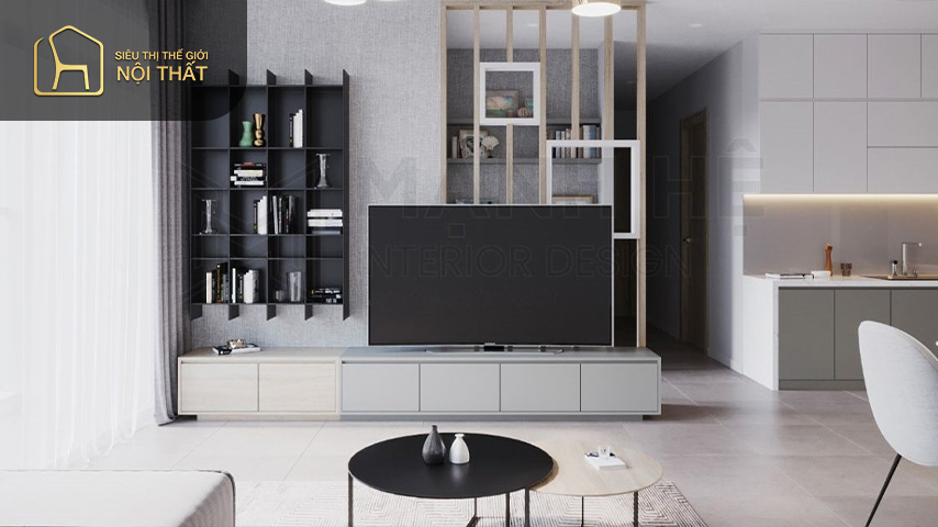Mẫu kệ trang trí kết hợp với nền tường marble tạo sự cân đối cho căn phòng