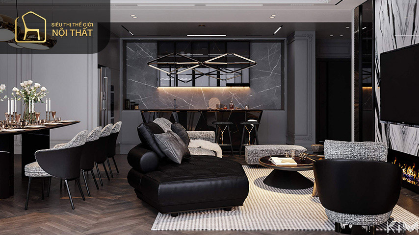 Phòng khách và bếp thông nhau phong cách luxury đem đến sự sang trọng đẳng cấp
