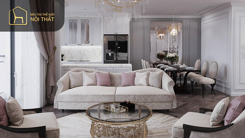 Phòng khách thông bếp phong cách Modern Classic toát lên vẻ đẹp tinh tế nhẹ nhàng