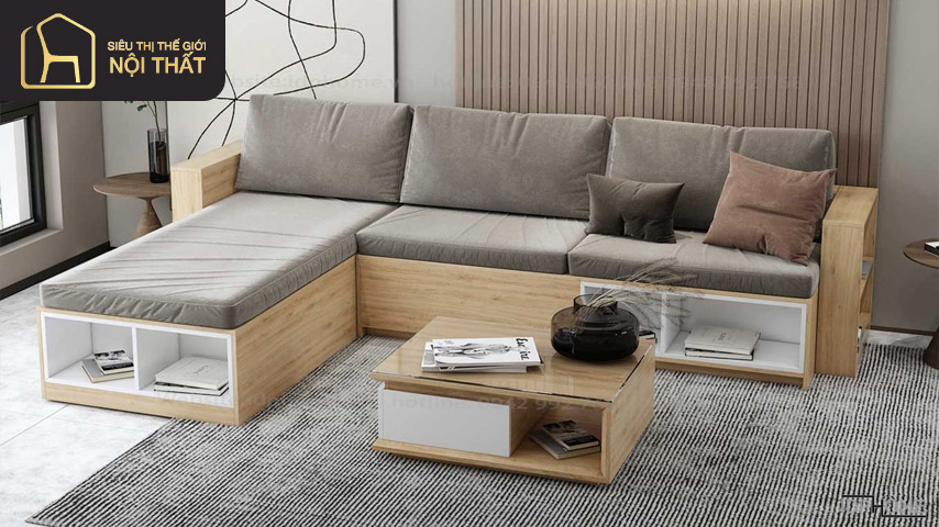 Bàn ghế gỗ công nghiệp đẹp chữ L trong phòng khách 