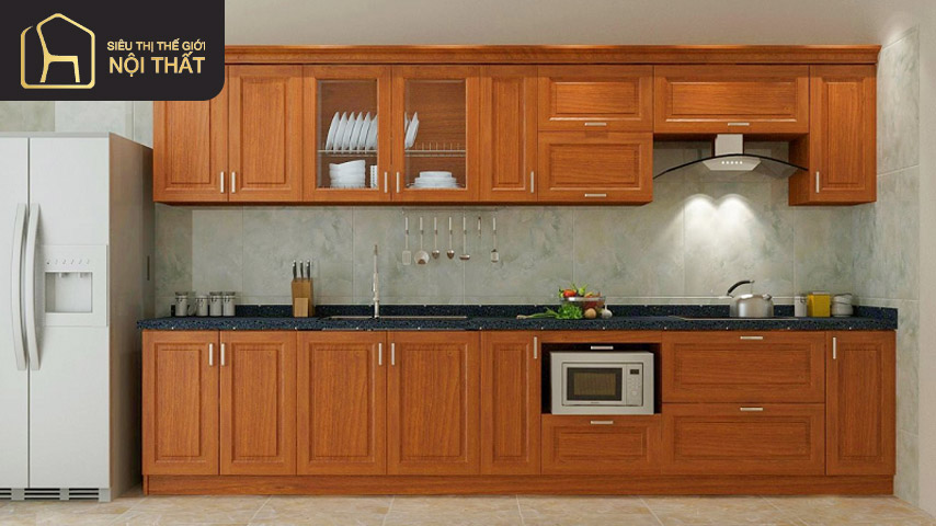 Đường nét vân gỗ của tủ bếp xoan đào tuy đơn giản nhưng vô cùng tinh tế 