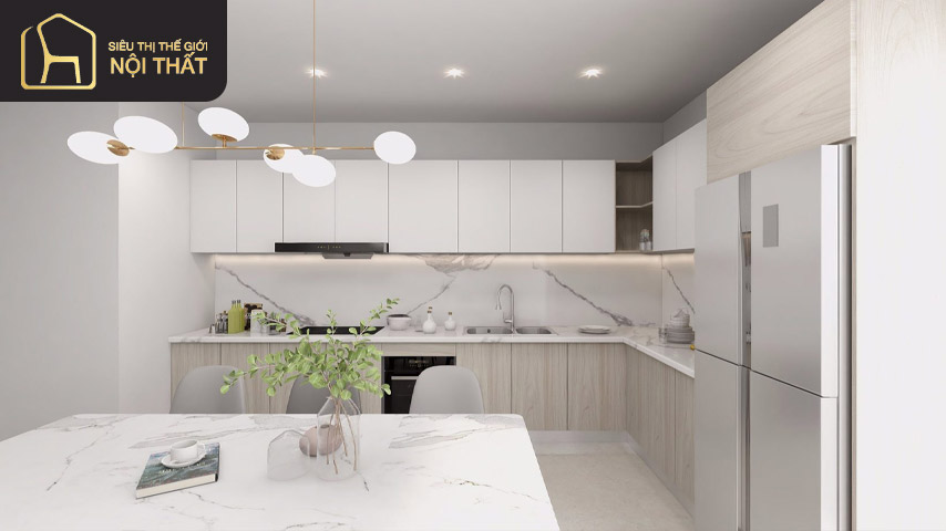 Tủ bếp hình chữ L màu sáng thanh lịch 