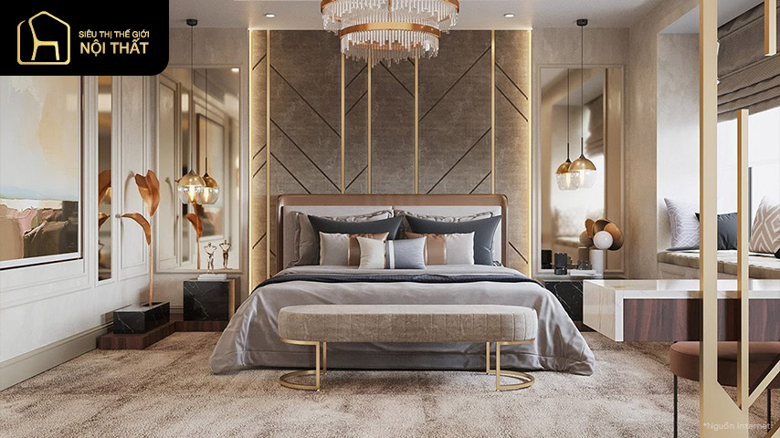 Thiết kế nội thất phòng ngủ dành cho vợ chồng mới cưới theo phong cách tân cổ điển với giường ngủ cùng màu ghi cùng nội thất pha chút ánh kim